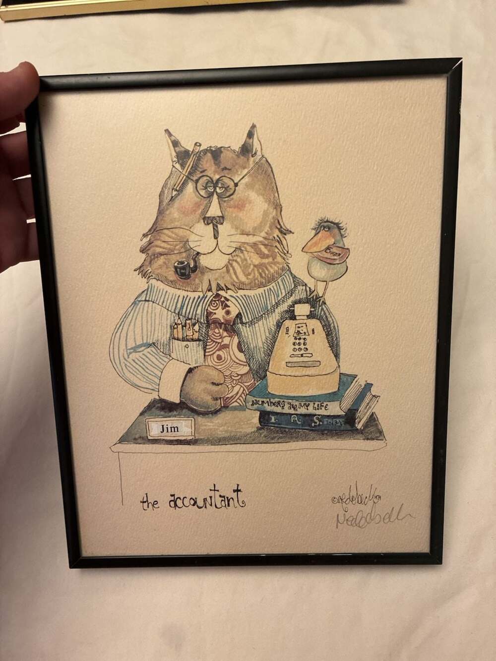 Vintage 1979 Nedobell 'The Accountant' Cat Illustration Framed Print
